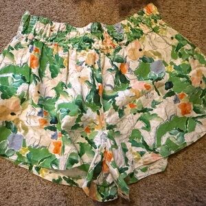 Anthropologie High Waist Linen Floral Shorts - Green, Orange, White, Somerset